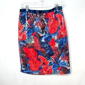 Wolven Womens Skirt Blue Red Sequin‎ Sugared Fleur Pencil Back Slit Size 10
